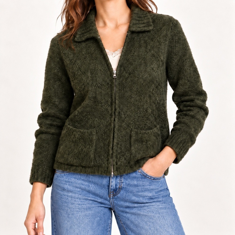VTG J.Crew Full Zip  100% Wool Cardigan Olive Green Made in Hong Kong WMS SM